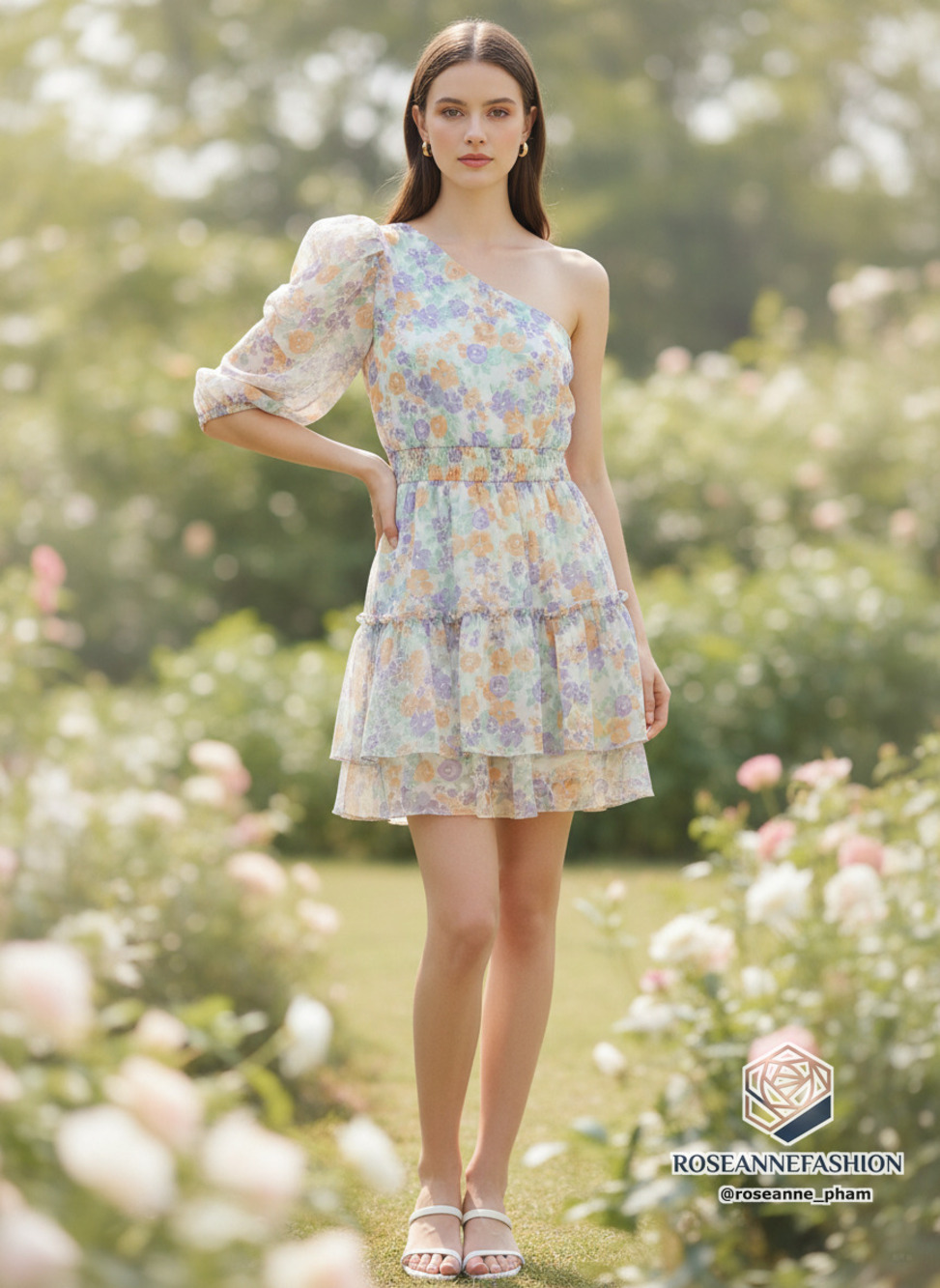 WAYF Floral One Shoulder Mini Dress Tiered Ruffle Sz S NWT